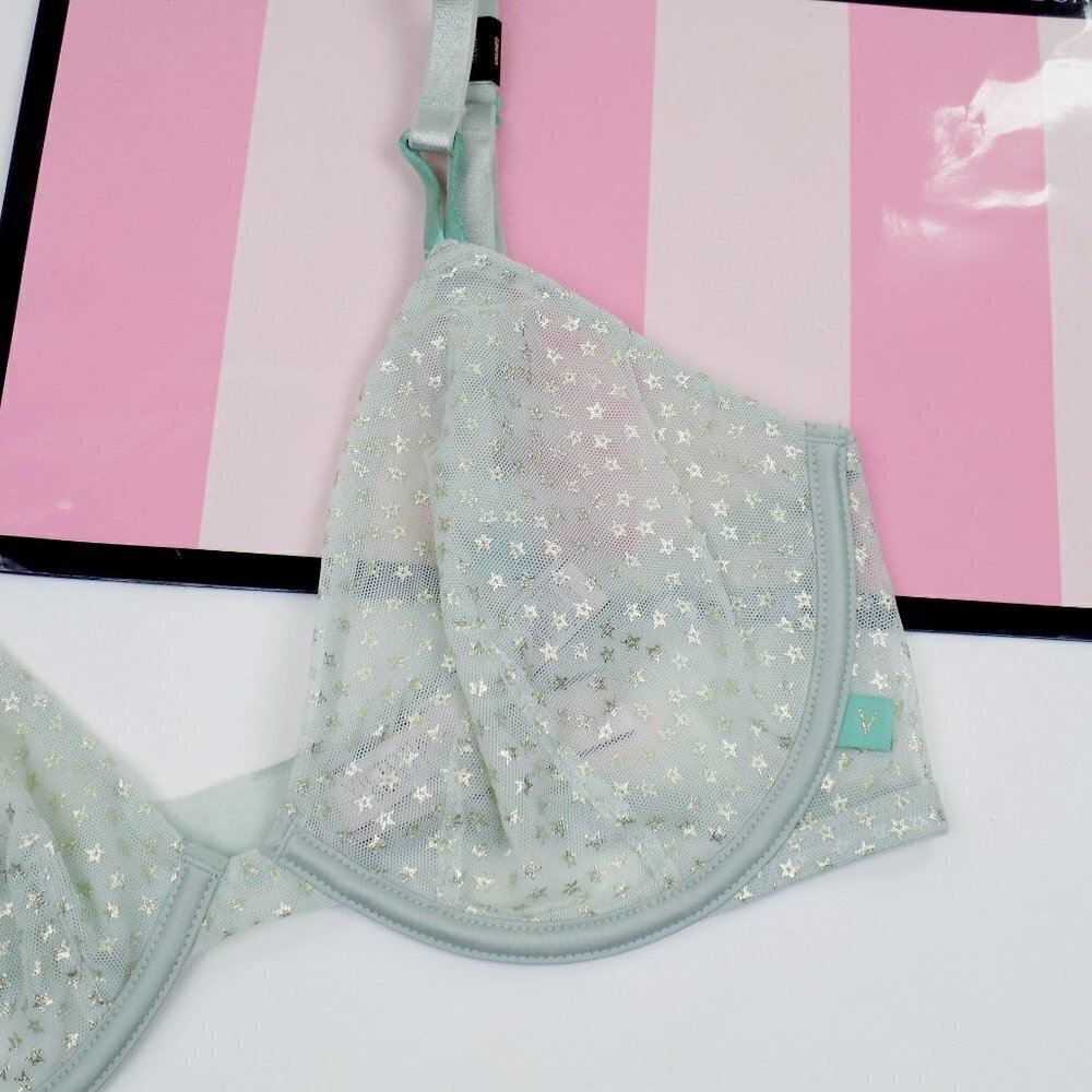 nwt victorias secret sheer mesh metallic stars sexy tee unlined lace demi bra